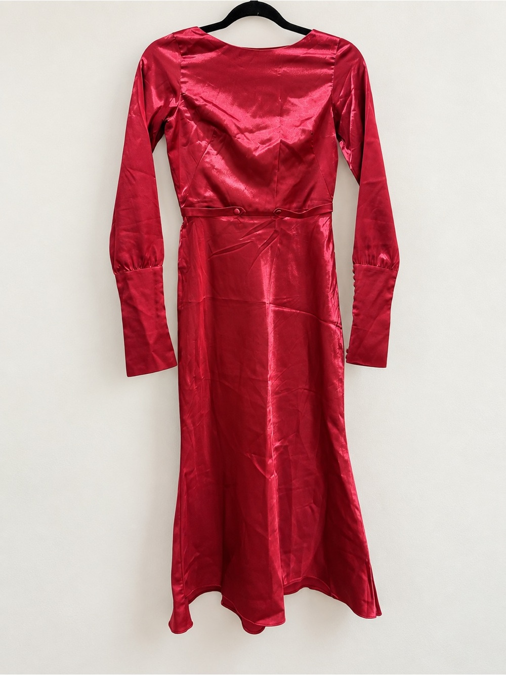 Raspberry Red Satin-Finish Long Sleeve Tie Front Dress